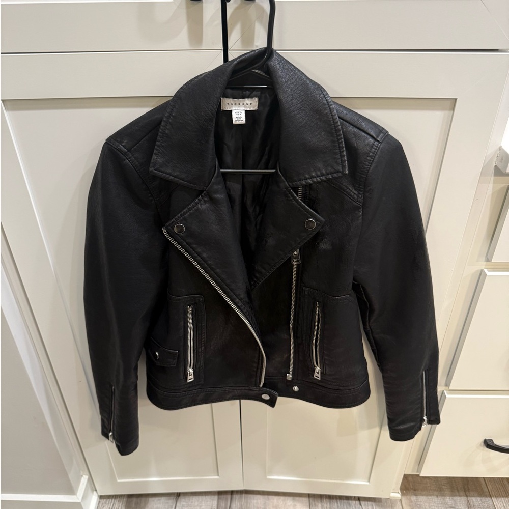 Topshop Black Leather Jacket with Silver Accents